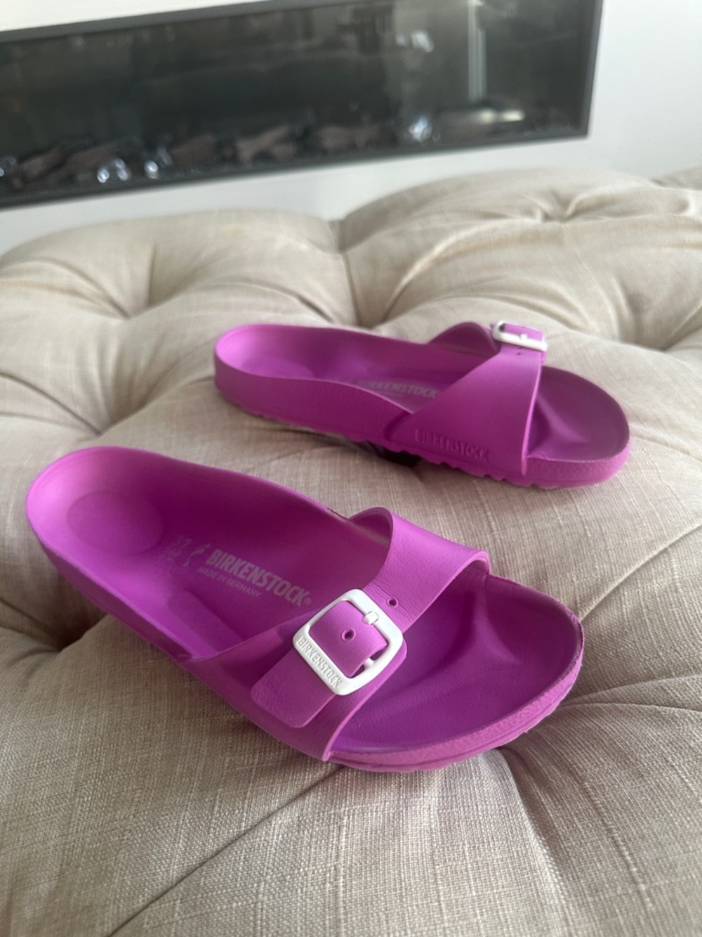 Birkenstock EVA Slide Sandals in Vivid Purple with White Buckle